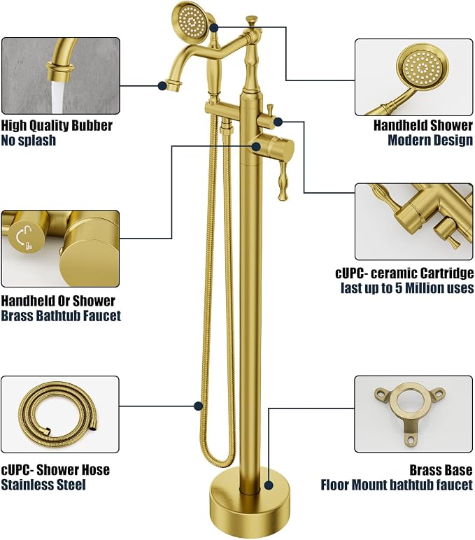 Brushed Gold Bathtub Faucet Freestanding Tub Filler High Pressure Single Handle - Image 6