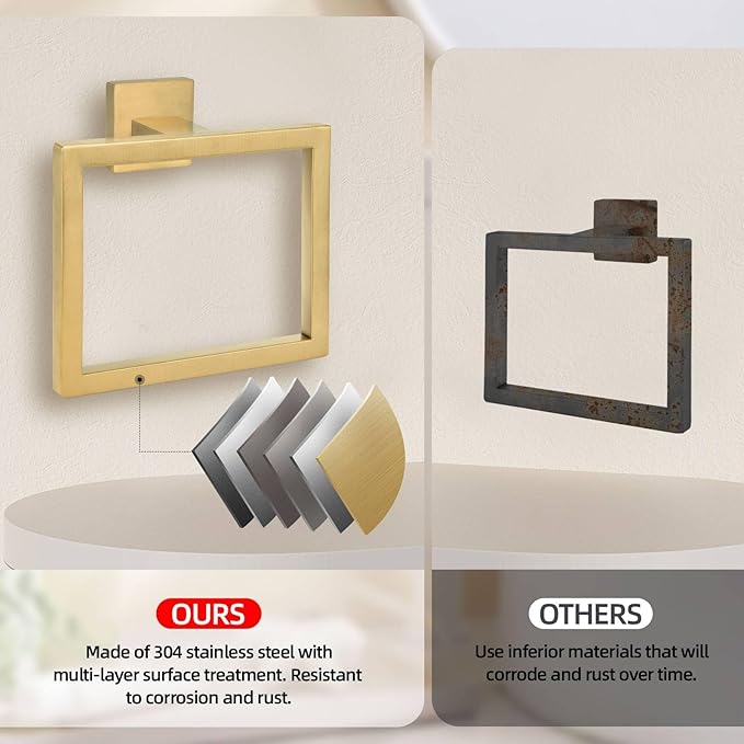 2-Piece Brushed Gold Towel Ring, Square Hand Towel Holder, Stainless Steel - Image 3