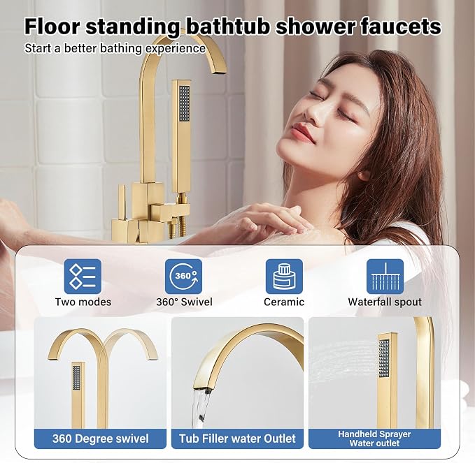 Freestanding Bathtub Faucet Floor Mounted Tub Filler Brushed Gold Single Handle - Image 2