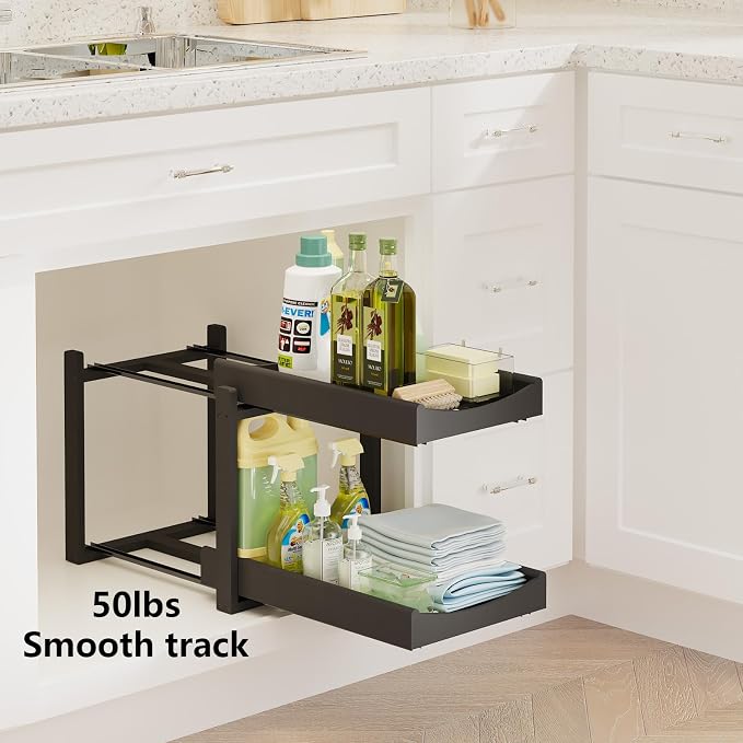 Bamboo Under Sink Organizer Adjustable Height 2 Tier Bathroom Organizer Pull - Image 3