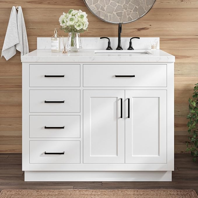 ARIEL Hepburn 42 Inch Single Sink Bathroom Vanity in White, 1.5" Edge Carrara by Ariel