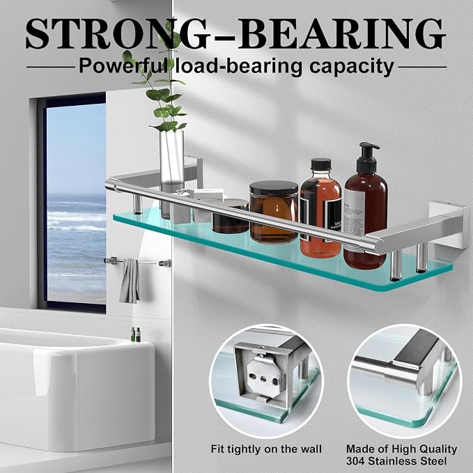 20 Inches Glass Shelf for Bathroom, Brushed Nickel Glass Shelves for Wall - Image 5