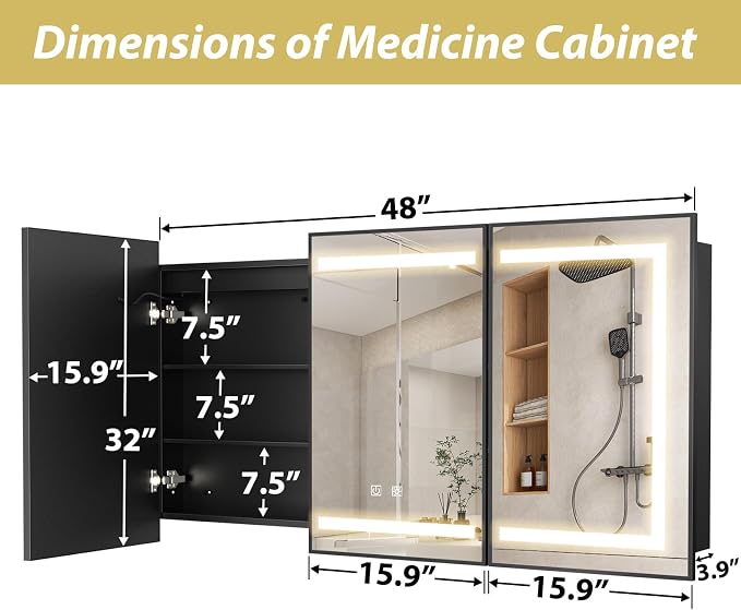 APRILSOUL 48X32 Inch Black Bathroom Medicine Cabinet - Image 4