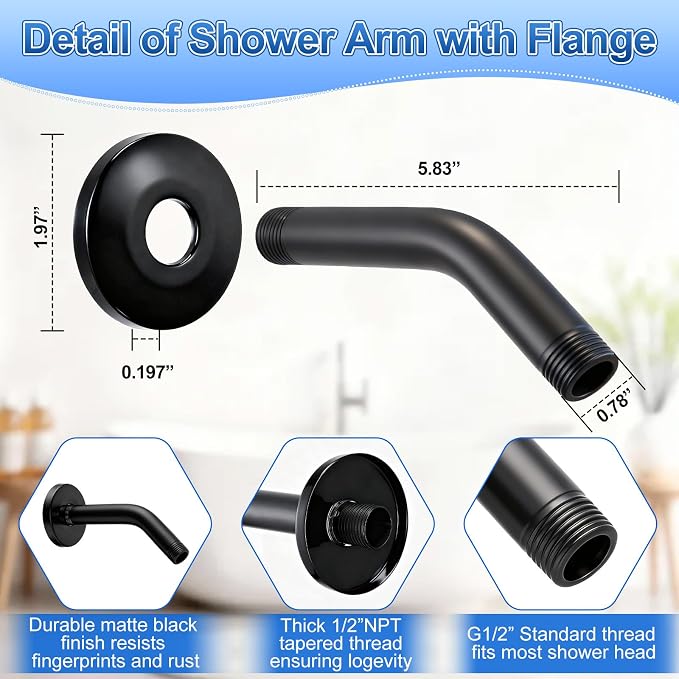 3 Piece Bathroom Fixture Set in Matte Black Shower Arm - Image 6