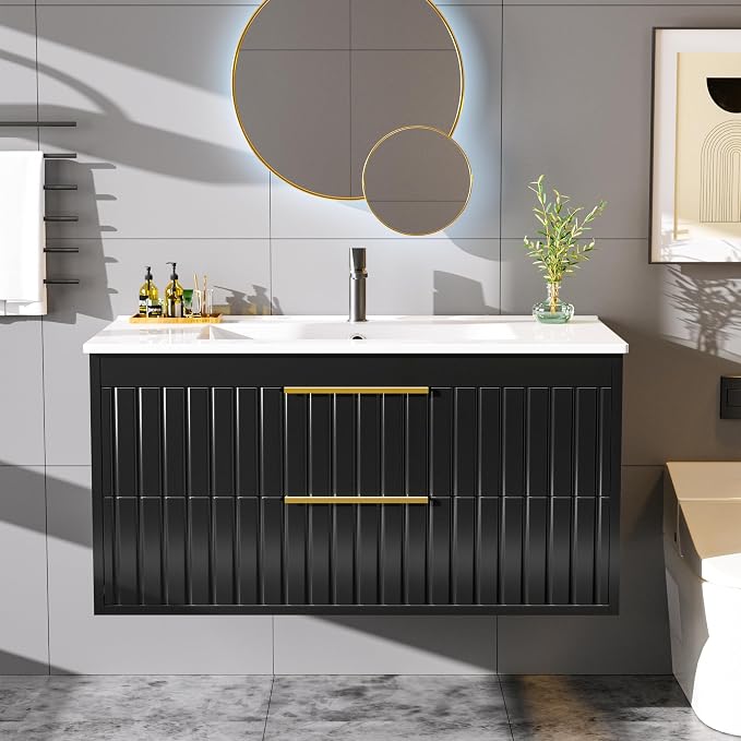 36" Bathroom Vanity with Sink, Floating Vanity Bathroom Sink Cabinet Wall Mount by Buytime