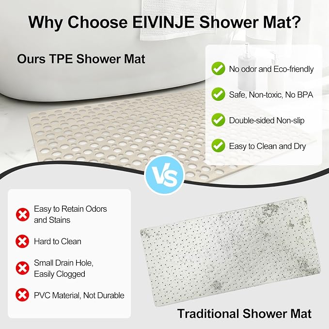 Anti Slip Shower Mat with Suction Cups, 23.6x35.4 Inch Quick Drain TPE Non Slip - Image 6