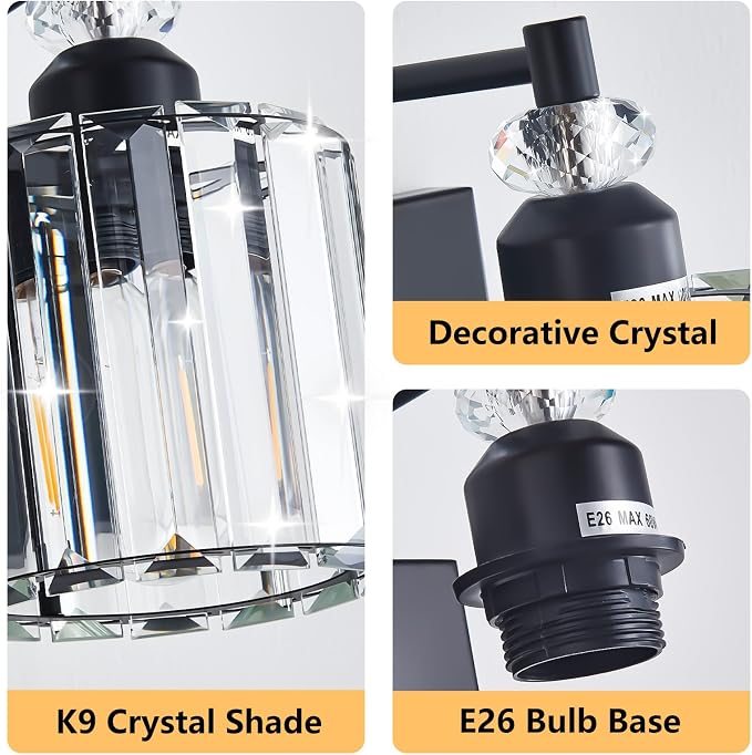3-Light Black Bathroom Light Fixtures Over Mirror Modern Vanity Lights Crystal - Image 4