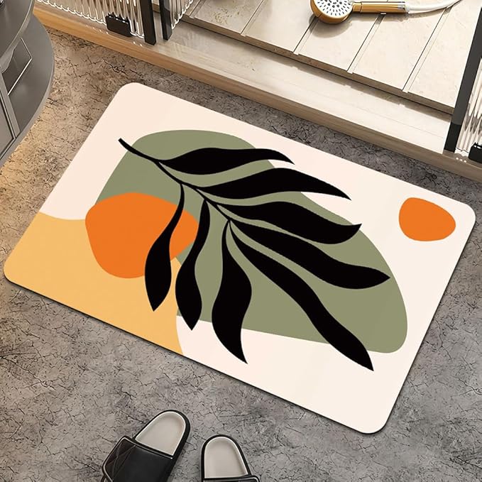 Bath Mat Rug, Boho Botanical Leaves Non Slip Quick Dry Super Absorbent Thin by ZHUZHISHAN