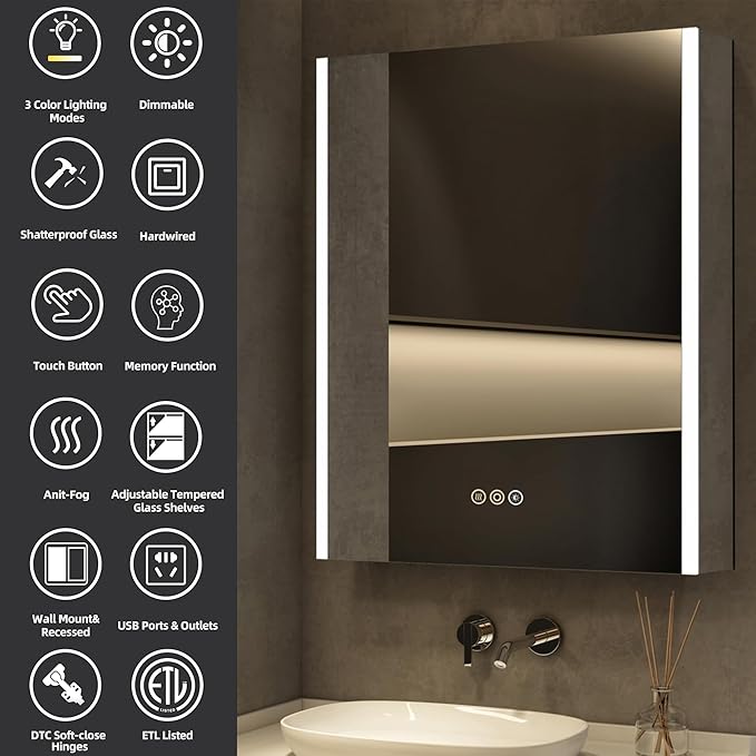 Medicine Cabinet with LED Lights and Mirror, 24 x 30 Inch Surface or Recessed - Image 3