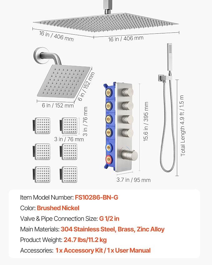 VEVOR Shower Faucet Set, 16 Inch Thermostatic Ceiling Mount Rainfall Shower - Image 7