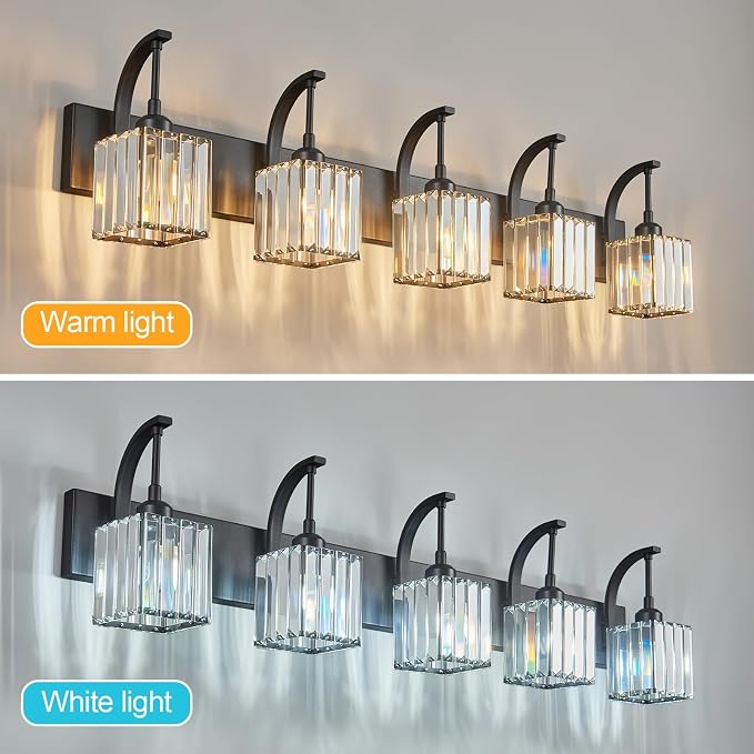 5-Light Crystal Vanity Light, Modern Black Bathroom Wall Sconce - Image 3