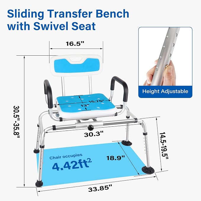 Sliding Shower Chair, Height Adjustable Tub Transfer Bench, 360° Shower Swivel - Image 2