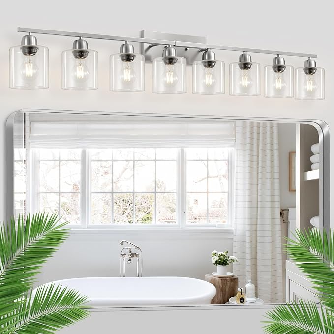 Modern Brushed Nickel 8 Light Bathroom Light Fixtures, 52 inch Vanity Lights by FAISHILAN