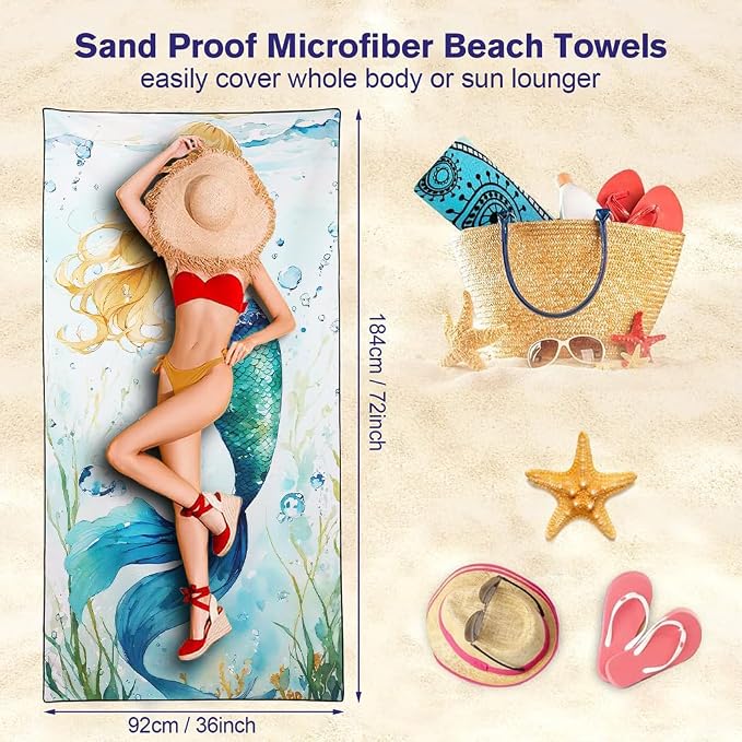 Blue-Green Scallop Mermaid Tail Beach Towel 36"x72" Golden Highlights Quick Dry - Image 3