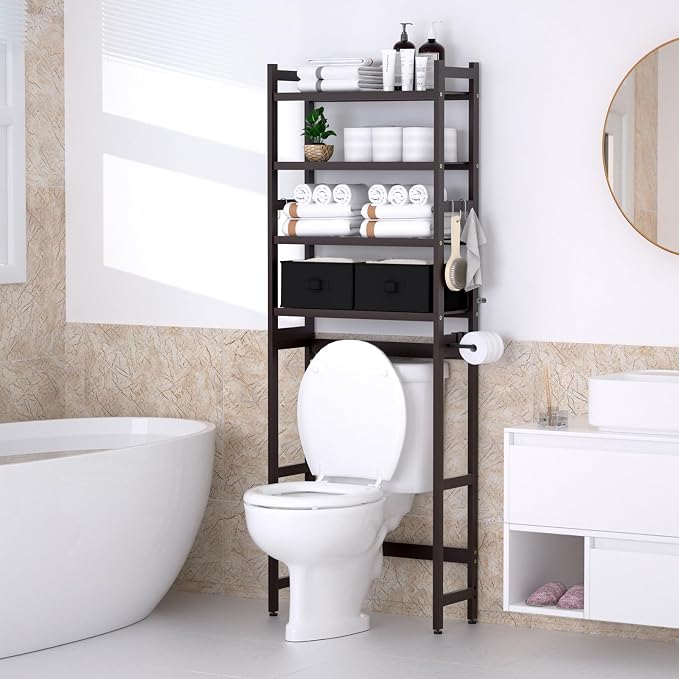 Over The Toilet Storage with 2 Baskets, 4-Tier Bamboo Organizer Rack with Paper - Image 2