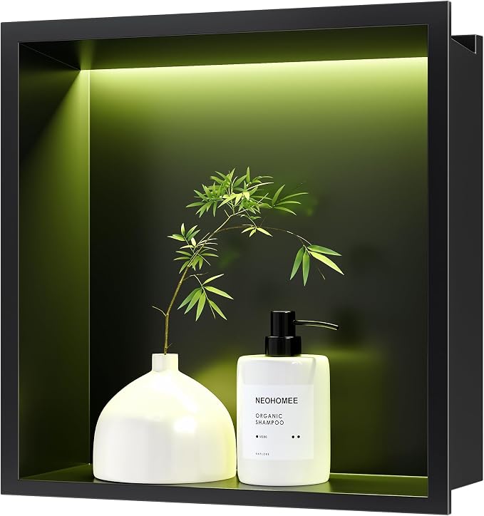 RGB LED Light Shower Niche, Matte Black 12X12 in Stainless Steel Recessed by Unknown