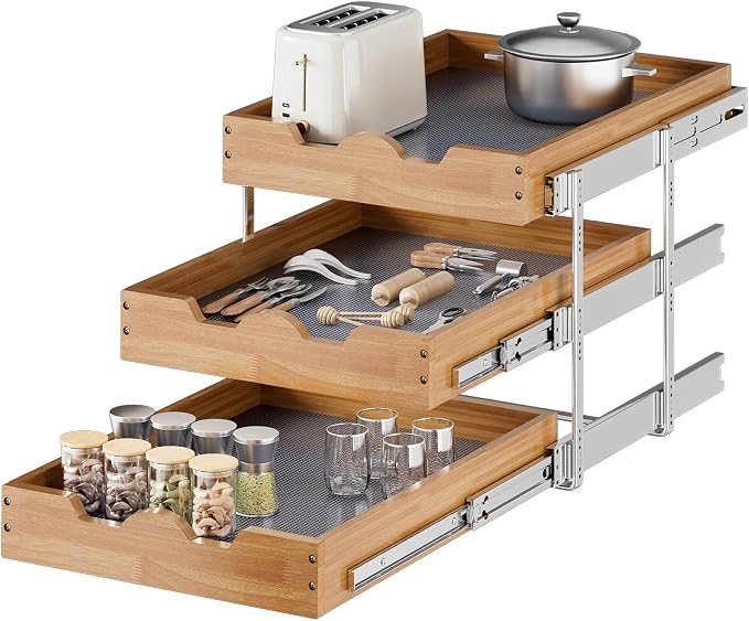 OCG Pull Out Cabinet Drawer 17" W x 21" D, 3 Tier Pull Out Cabinet Organizer by OCG