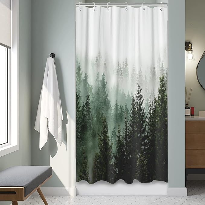 Aipon Green Misty Forest Shower Curtain Nature Tree Shower Curtain Set Dark - Image 2