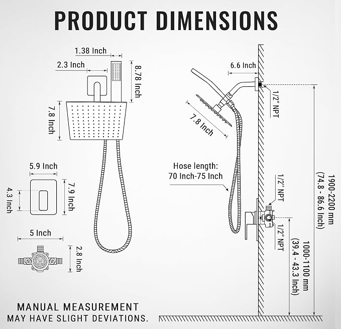 All Metal Shower Faucet Set, Dual Square Shower Head System - Image 7