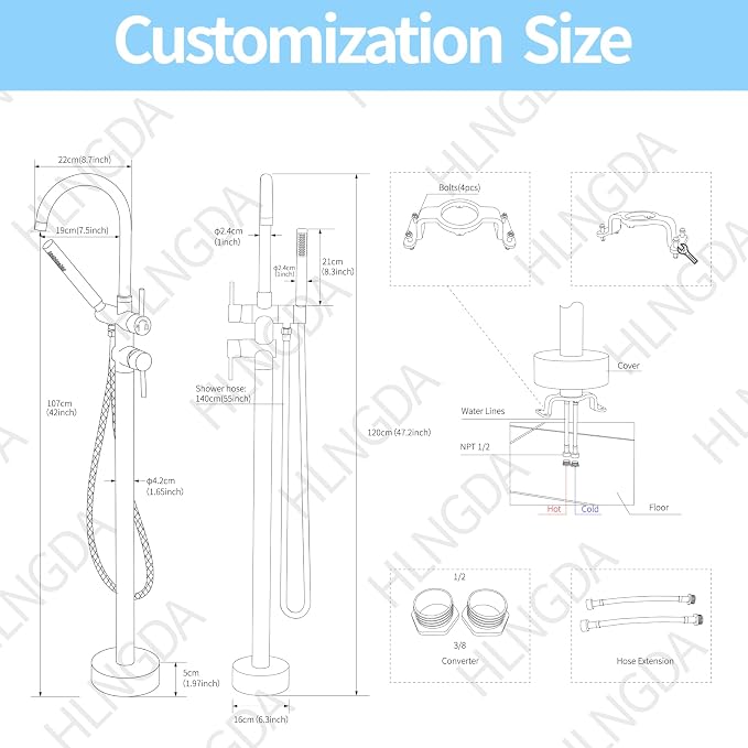 Freestanding Bathtub Faucet, Tub Filler Floor Mount Stand Bathtub Faucet Brass - Image 8