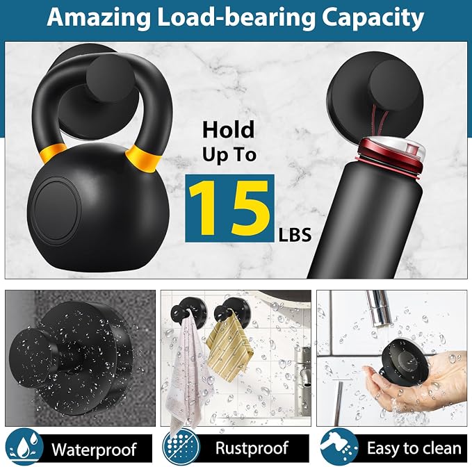 Suction Cup Hooks for Shower, Glass Door, Hold Robe & Wreath, Hanging up to 15 - Image 3