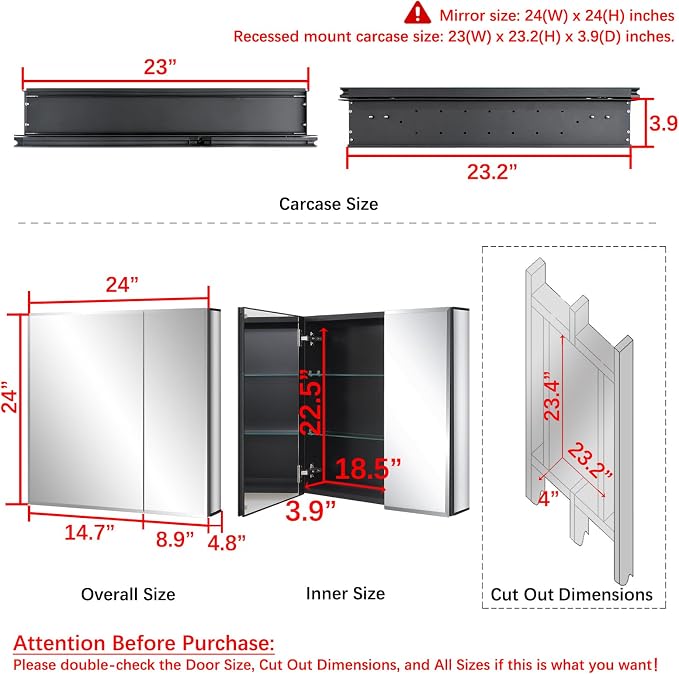 Fundin Black Aluminum Medicine Cabinet 24 x 24 Inch Recessed or Surface Mount - Image 3