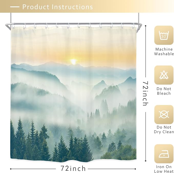Riyidecor Mountain Shower Curtain 72Wx72H Inch Green Sunrise Sunset Scenery - Image 5