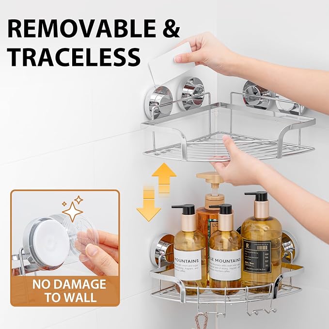 LEVERLOC 2 Pack Powerful Suction Cup Corner Shower Caddy, Stainless Steel - Image 3