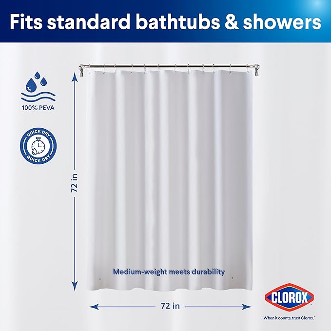CLOROX Shower Curtain Liner, Premium Medium-Weight Durable Waterproof 6g PEVA - Image 2