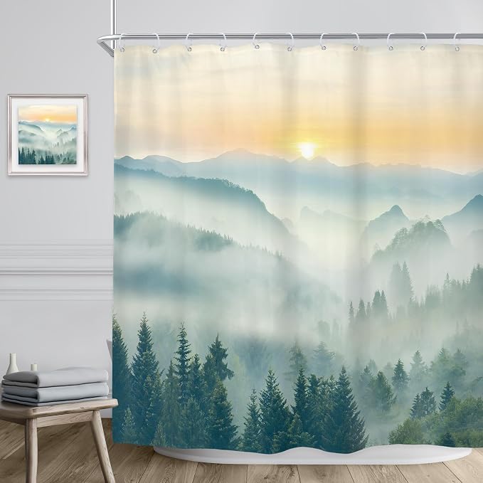 Riyidecor Extra Long Mountain Shower Curtain 72Wx84H Inch Green Yellow Sunrise - Image 3