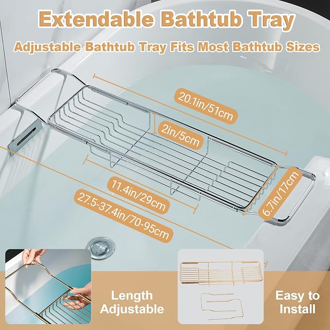 Stainless Steel Bathtub Caddy Tray, Expandable Bath Tub Tray Table, Adjustable - Image 2