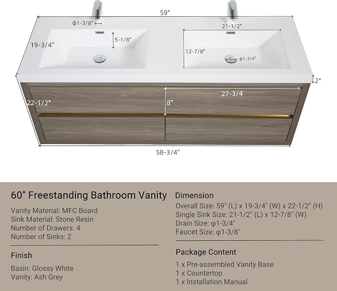 60" Wall-Mounted Bathroom Vanity - Image 2