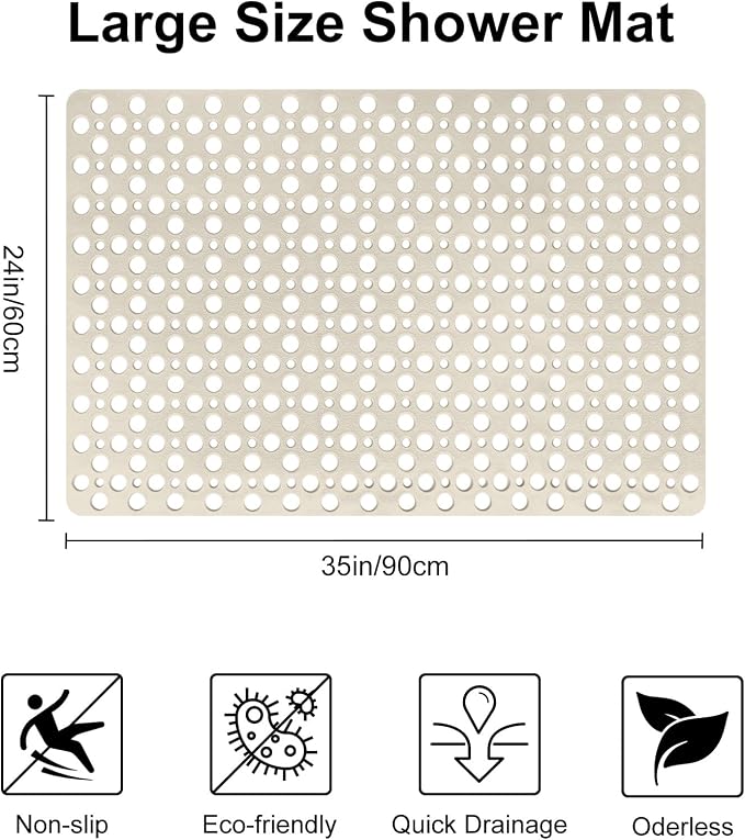 Anti Slip Shower Mat with Suction Cups, 23.6x35.4 Inch Quick Drain TPE Non Slip - Image 2