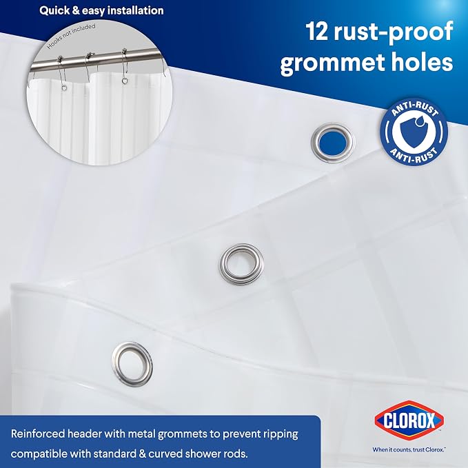 CLOROX Shower Curtain Liner, Premium Striped Medium-Weight Durable Waterproof - Image 7