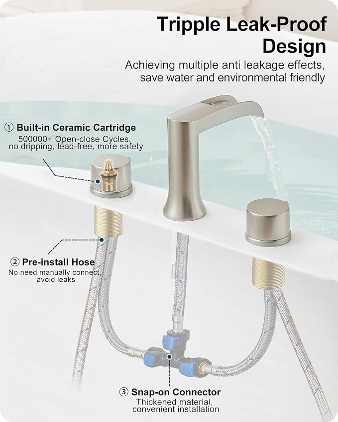 Brass Roman Bathtub Faucet Brushed Nickel, Waterfall High Flow Bath Tub Faucet - Image 3