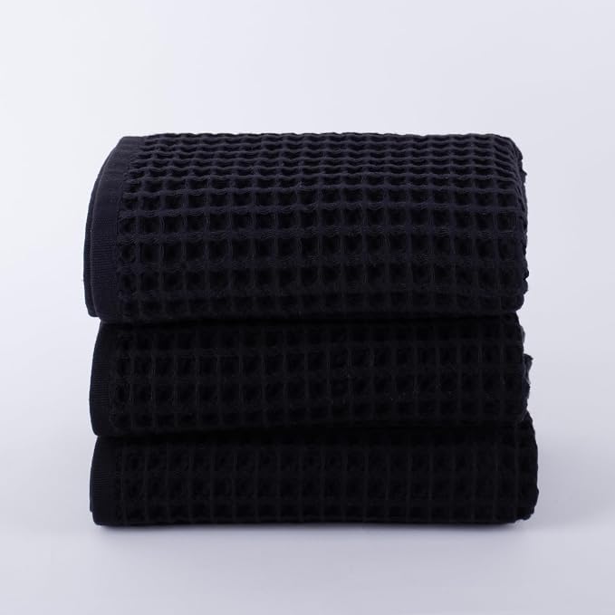 PÜSKÜL Organic Waffle Hand & Kitchen Towel 100% Turkish Cotton Set of 3 Black - Image 9