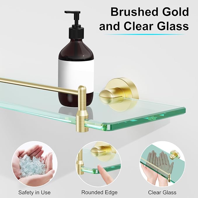 20 Inches Glass Shelves for Bathroom, Brushed Gold Floating Glass Shelf - Image 7