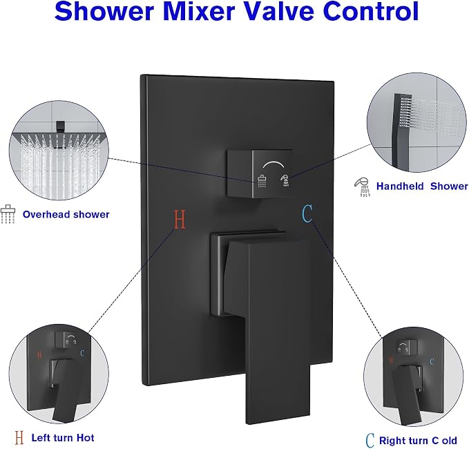 Lordear Rain Shower System 12 Inch Shower Head Faucet Set Matte Black Stainless - Image 6
