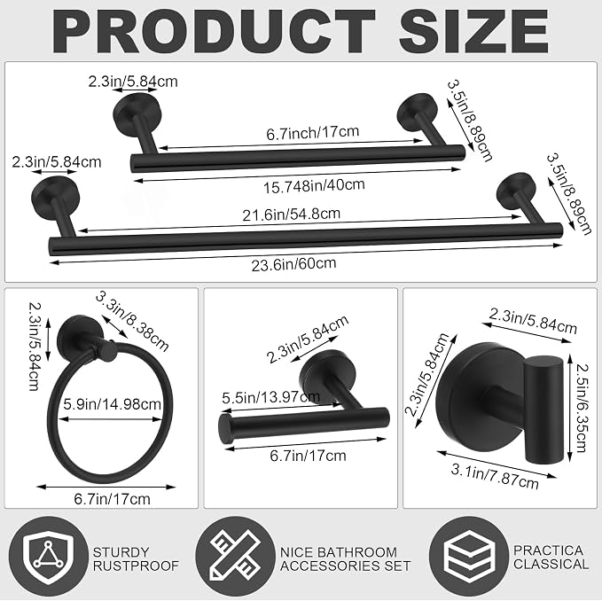 Gisafai 20 Pcs Bathroom Hardware Set, 23.6 Inch Brushed Towel Bar Ring Toilet - Image 2