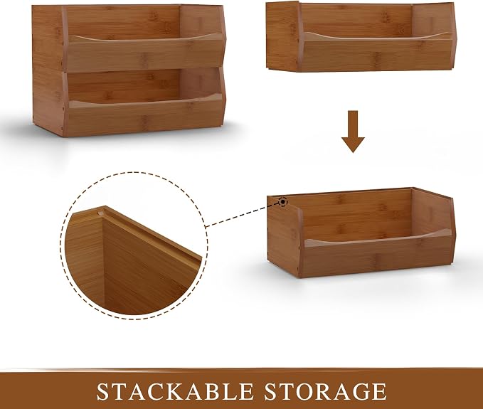 2 Set Open Front Stackable Storage Bins, Bamboo Stacking Storage Bins Food - Image 6