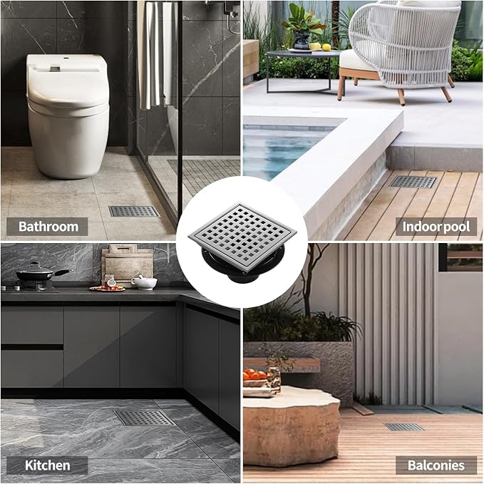Shower Drain, Chrome 6 inch Square Shower Floor Drain - Image 8