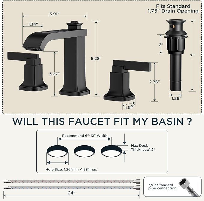 FORIOUS 3 Hole Bathroom Vanity Sink Faucet, Matte Black Waterfall Widespread - Image 8
