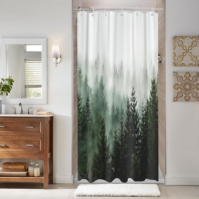 Aipon Green Misty Forest Shower Curtain Nature Tree Shower Curtain Set Dark - Image 3
