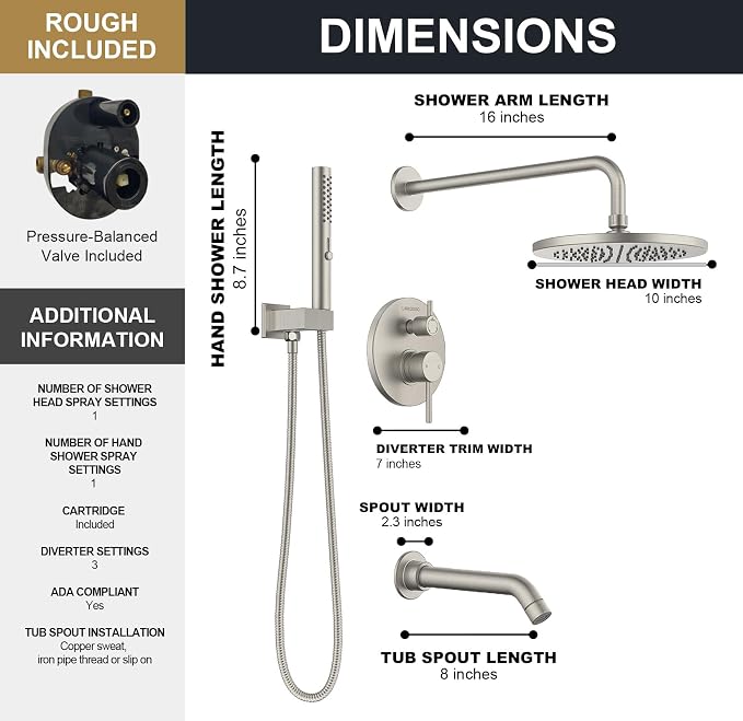Lava Odoro Modern 3-Setting Round Rain Bathtub and Shower Faucet Set, Brushed - Image 7