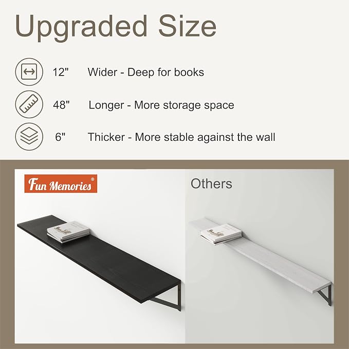 12 Inch Deep Floating Shelves, Deep Wall Shelves Bracket Set of 2, Large - Image 4