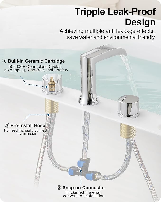 Waterfall Bathtub Faucet Set, Chrome Deck Mount Tub Faucet High Flow Brass Bath - Image 4
