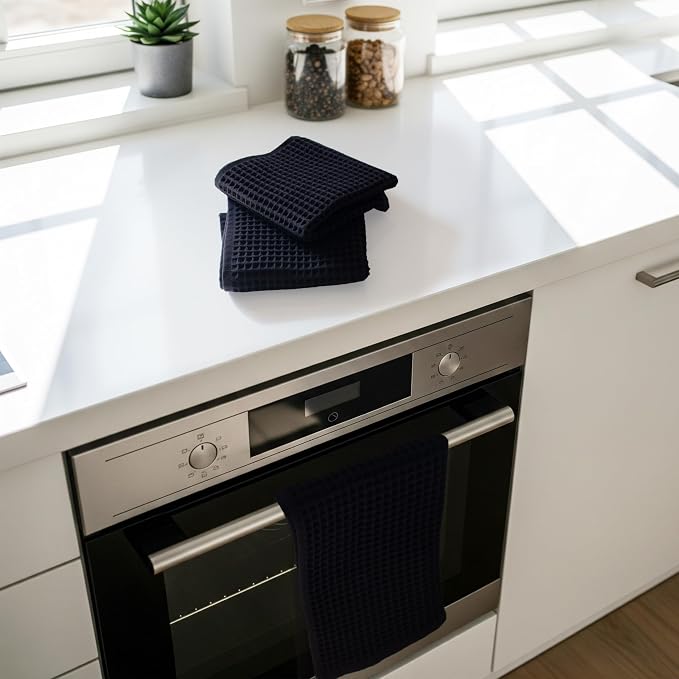 PÜSKÜL Organic Waffle Hand & Kitchen Towel 100% Turkish Cotton Set of 3 Black - Image 3