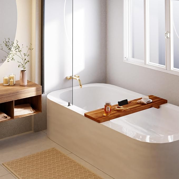 Tinamo Acacia Bathtub Caddy Tray Table | 35x9 Inch Large Bath Tub Tray Wooden | - Image 4