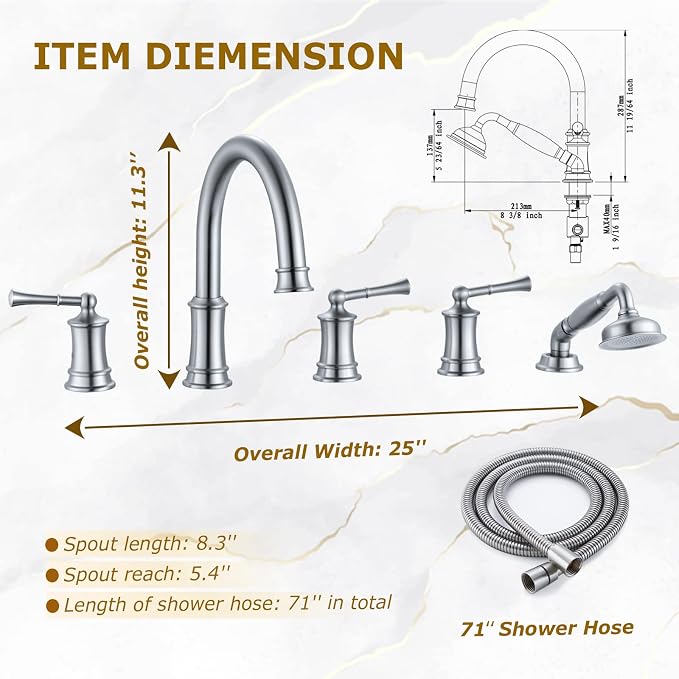 Roman Tub Faucet with Hand Shower, Antique Tub Shower Faucet Set with Valve - Image 3