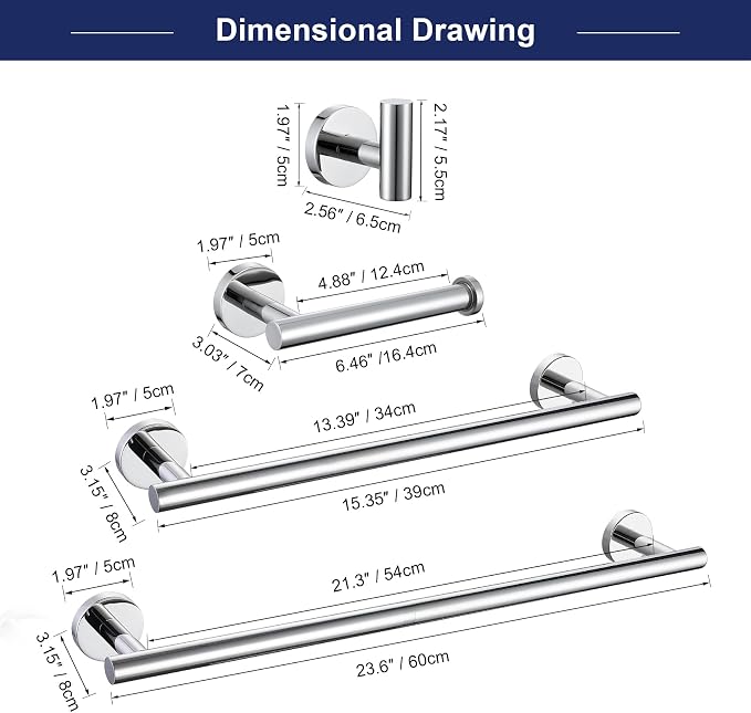 5 Pieces Bathroom Hardware Set, 23.6-inch+15.35-inch Bathroom Towel bar SUS304 - Image 6